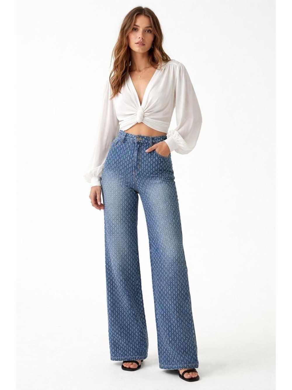Jaded London slouchy baggy boyfriend jeans perforated patterned blue white sz 26